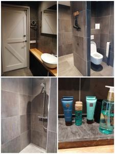 four pictures of a bathroom with a shower and a toilet at Bissems Hofstede in Marle