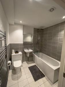 a bathroom with a toilet and a tub and a sink at Contemporary Abbey Yard by Prescott Apartments in Abingdon
