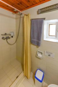 a bathroom with a shower and a blue towel at The Kalivi in Vathý