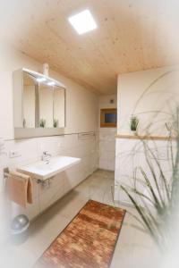 een badkamer met een wastafel, een spiegel en een tapijt bij Daheim im Geissetal in St. Blasien