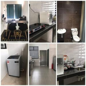 uma colagem de quatro fotografias de uma cozinha com um lavatório em A Comfortable Home (Haura Homestay Kemaman) em Cukai