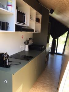 eine Küche mit einer Theke mit einem Herd und einer Mikrowelle in der Unterkunft Tiny House in het groen, aan zee met privé Hottub in Callantsoog