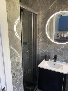 uma casa de banho com um lavatório e um chuveiro com um espelho. em Beechtree House em Dublin