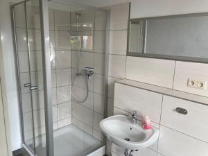 ein Bad mit einer Dusche, einem Waschbecken und einem WC in der Unterkunft Alte Seifensiederei 3 in Stralsund