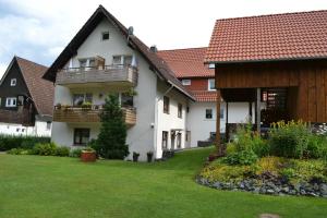 una casa con un patio verde delante de ella en Ferienwohnungen Edelweiss, en Schulenberg im Oberharz