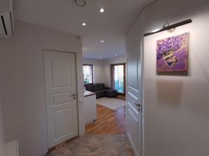 a hallway with a door and a painting on the wall at Vytauto 423 Apartments by JK in Palanga