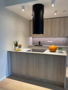 a kitchen with a counter with an orange on it at Modern Central Apartment HOTEL in Keila