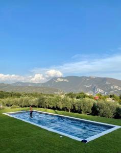 a man standing in a swimming pool with mountains in the background at Agriturismo Ca' Cristane in Rivoli Veronese