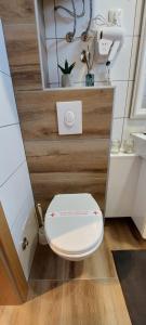 a white toilet in a room with a wooden door at Apartmani MONTES Jahorina in Jahorina +24 photos