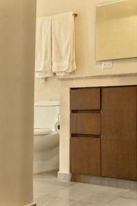 bagno con lavandino, servizi igienici e specchio di Private pool and rooftop for 3 a Tulum