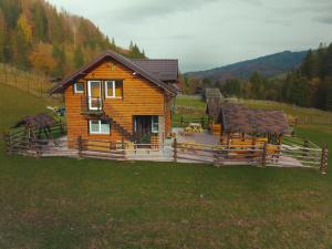 a wooden house with a fence in a field at Cabana TYF Dreptu - TYFTRAVEL SRL in Poiana Teiului