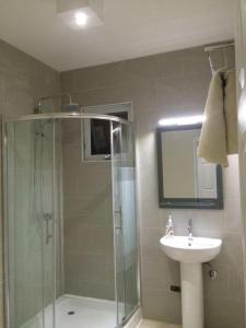 a bathroom with a shower and a sink at Andira Apartments in Willemstad