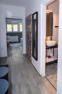 W łazience znajduje się umywalka i lustro. w obiekcie Apartman Ina w mieście Osijek