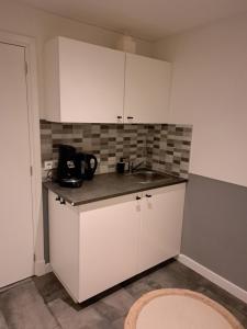 eine kleine Küche mit weißen Schränken und einem Waschbecken in der Unterkunft studio ' aan de Nieuwstraat ' Sint Annaland in Sint-Annaland
