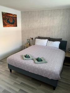 een slaapkamer met een bed met twee handdoeken erop bij Het Vosje in Hengelo