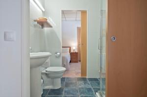 a bathroom with a toilet and a sink and a shower at Santuari de la Mare de Déu de la Salut de Terrades in Terrades