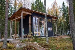 a blue tiny house in the woods at Rantarovio in Alvajärvi