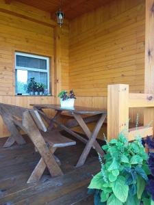 einem Picknicktisch im hinteren Teil einer Hütte in der Unterkunft BRZOZOWY GAJ AGROTURYSTYKA in Bobryk