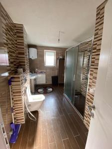 ein Bad mit einem WC, einem Waschbecken und einer Dusche in der Unterkunft Apartment Balicevac Ilidza in Sarajevo