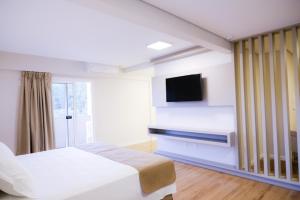um quarto com uma cama e uma televisão de ecrã plano em Hotel do Gringo em Erval Velho