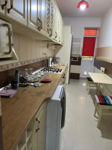 a kitchen with a counter top and a stove top oven at Casa Bia in Iaşi
