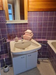 a bathroom with a sink and a purple tiled wall at Ferienwohnung NEXUS in Schleswig
