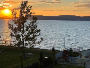 una puesta de sol sobre un lago con un árbol y un parque infantil en Lela lakeside apartman a vizek szerelmeseinek, en Balatonlelle