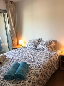 普雷蘭的住宿－T2 Cosy Mer Plage Plérin St Brieuc，一间卧室配有一张带蓝色枕头的床。