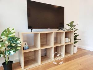 um centro de entretenimento em madeira com uma televisão de ecrã plano em Modern new 1-bedroom apartment in Canberra City em Camberra
