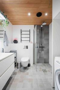 y baño con ducha, aseo y lavamanos. en Sari’s luxury studio in the city center en Turku