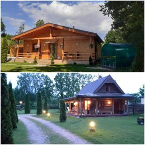 two pictures of a log cabin and a home at Forest Edge Lodge and Cottage in Riga