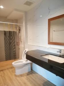 宋卡的住宿－IHome Hostel Hatyai，一间带卫生间、水槽和镜子的浴室