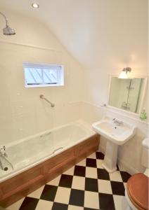 a bathroom with a sink and a tub and a toilet at Delphi Lodge Cottages in Leenaun