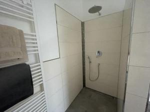 a shower with a glass door in a bathroom at Lenas Ferienhaus in Stüde
