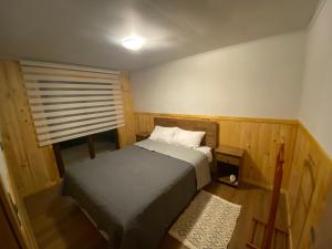 a small bedroom with a bed and a window at Rio Blanco in Hornopiren