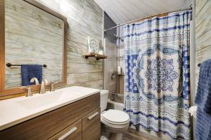 een badkamer met een wastafel, een toilet en een douche bij Pines Lake Chalet in Locust Lakes Village