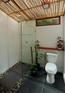 uma casa de banho com um WC e uma cabina de duche ao nível do chão em LaFinca Hostel Siargao em San Isidro