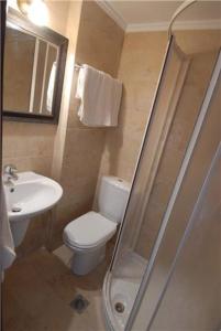 ein Bad mit einem WC, einem Waschbecken und einer Dusche in der Unterkunft Fotis Rooms in Skafidia