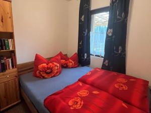een slaapkamer met een bed met rode kussens en een raam bij Luxury villa in Tinjan with private pool in Harzgerode