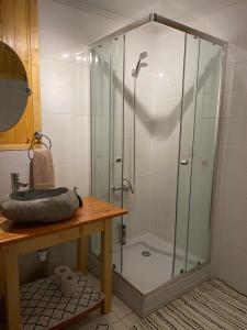 a shower with a glass door in a bathroom at Rio Blanco in Hornopiren