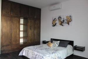 1 dormitorio con 1 cama y armarios de madera en Casa Las Palmas, llena de vida, con alberca. en La Paz