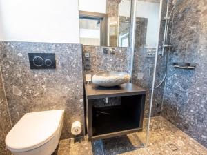 une salle de bain avec toilettes, lavabo et douche dans l'établissement Chalet in Wald im Pinzgau near Krimml Falls, à Wald im Pinzgau 17 autres photos