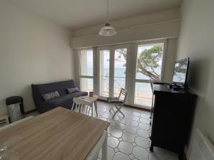 - un salon avec un canapé et une table avec une télévision dans l'établissement Appartement vue mer île d'Oléron, à Saint-Trojan-les-Bains