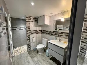 a bathroom with a white toilet and a sink at Le Cap Ferret in La Teste-de-Buch