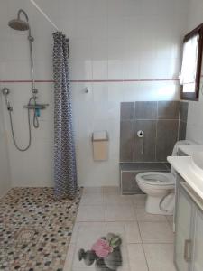 uma casa de banho com um chuveiro, um WC e um lavatório. em L'Auberge em Abjat