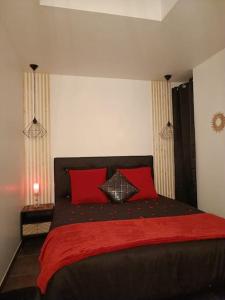 a bedroom with a large bed with red pillows at Évasion avec jacuzzi intérieur in Rosières-près-Troyes
