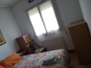 ein Schlafzimmer mit einem Bett und einem großen Fenster in der Unterkunft Habitación privada in Castro-Urdiales
