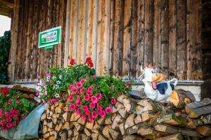 posąg konia siedzący na stosie kwiatów w obiekcie Ferienhäuschen Millinghof w mieście Leogang