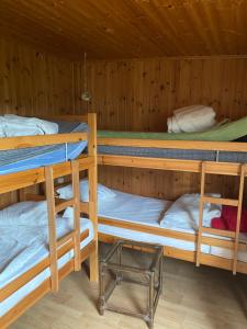 a room with three bunk beds in a cabin at Fritidshus i Sandbergen in Stora Frö