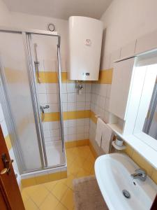 a bathroom with a shower and a sink at Ski-to-door apartment Waldrand in Bad Kleinkirchheim